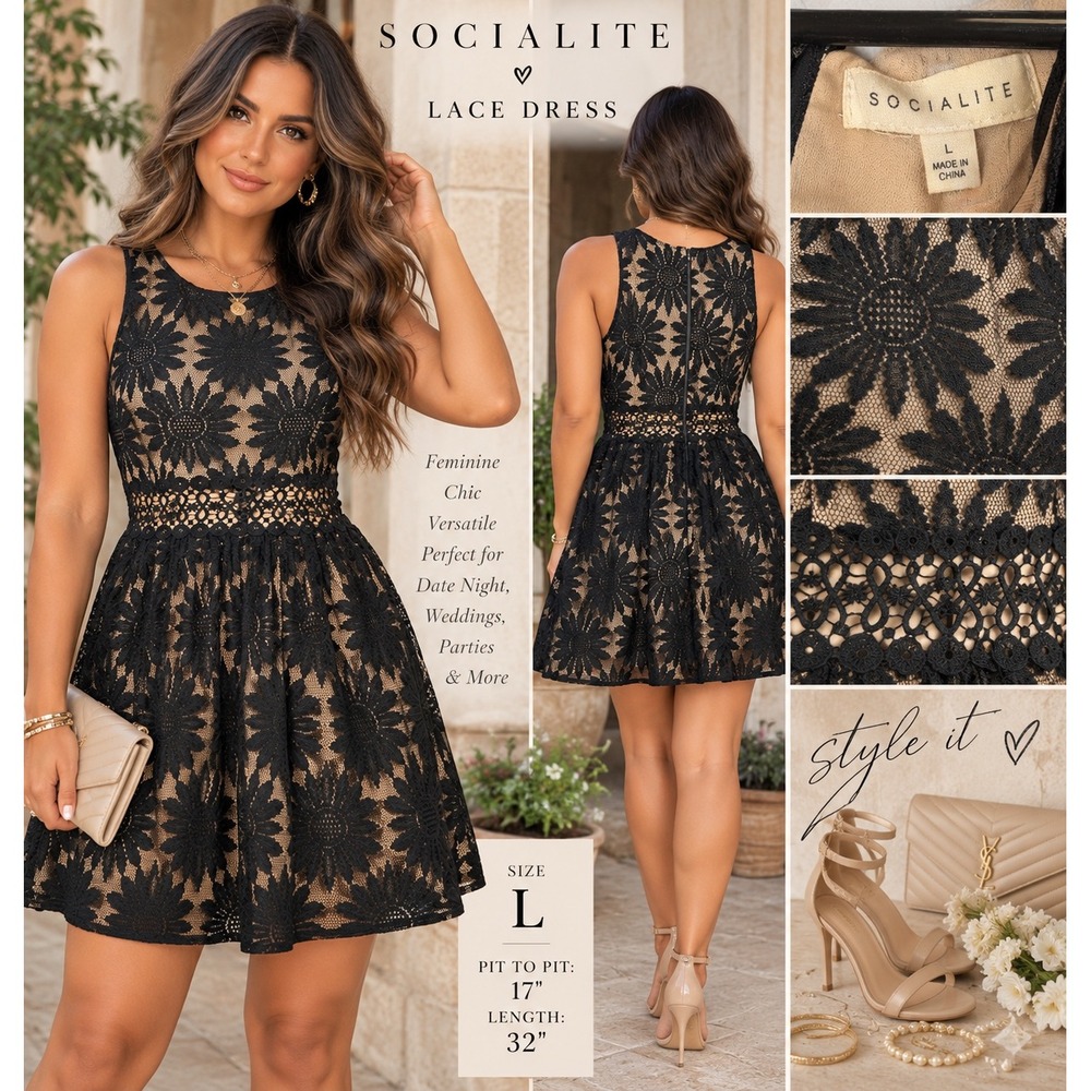 Socialite Black Floral Lace Sleeveless Mini Dress Tan Lining Size L